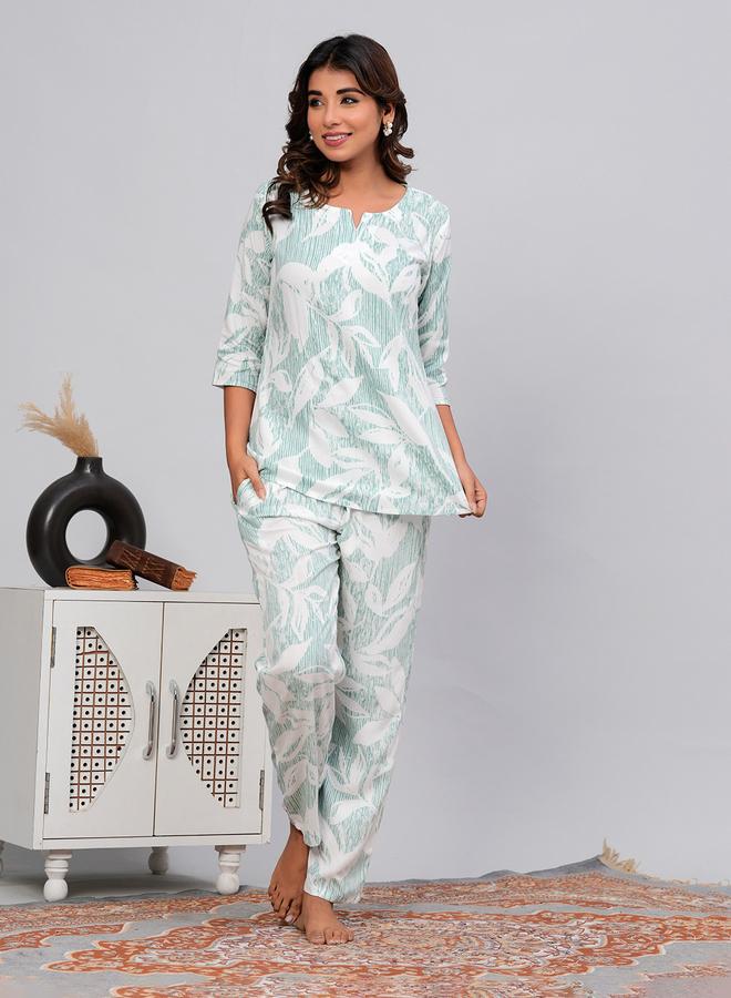 Take Two Women Leaf Print Top and Pyjama Set - Image 1